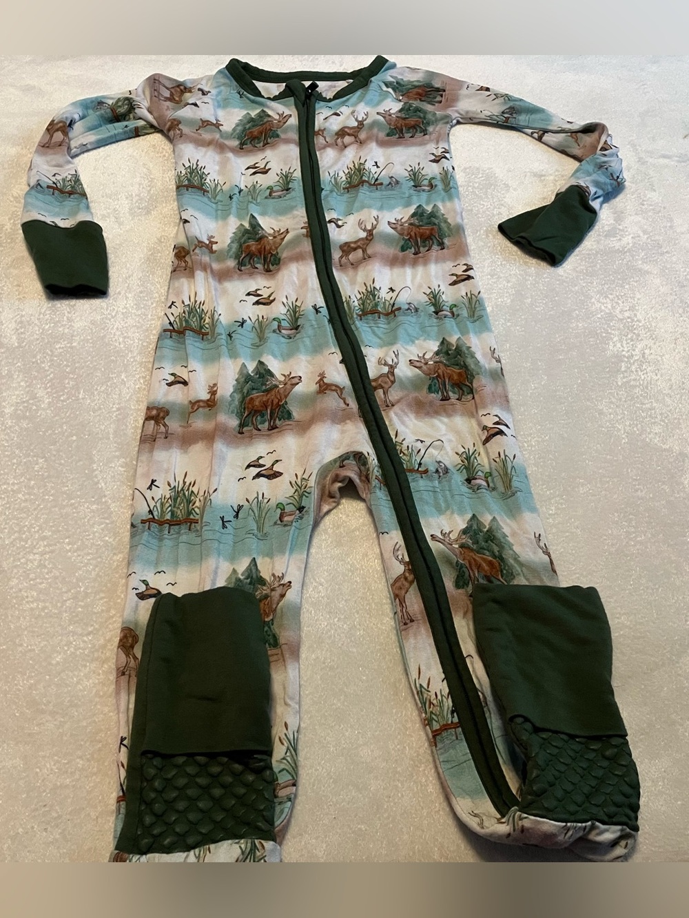 Kids One-Piece Footed Pajamas - Elk & Deer Print in Green